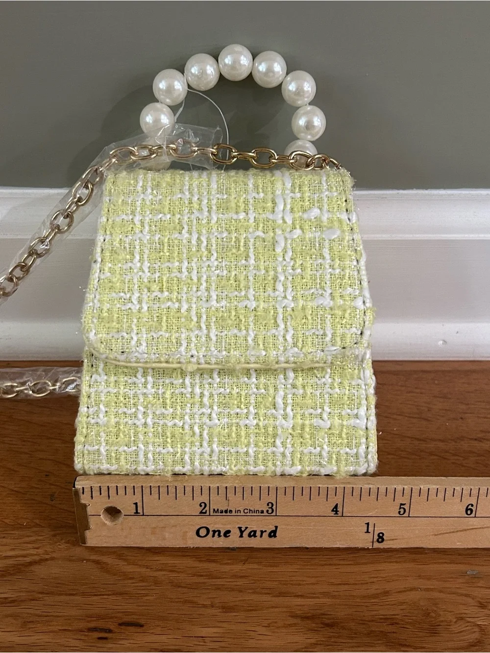 NWT Kids Mini Yellow Tweed Plaid Crossbody Purse Pearl Handle